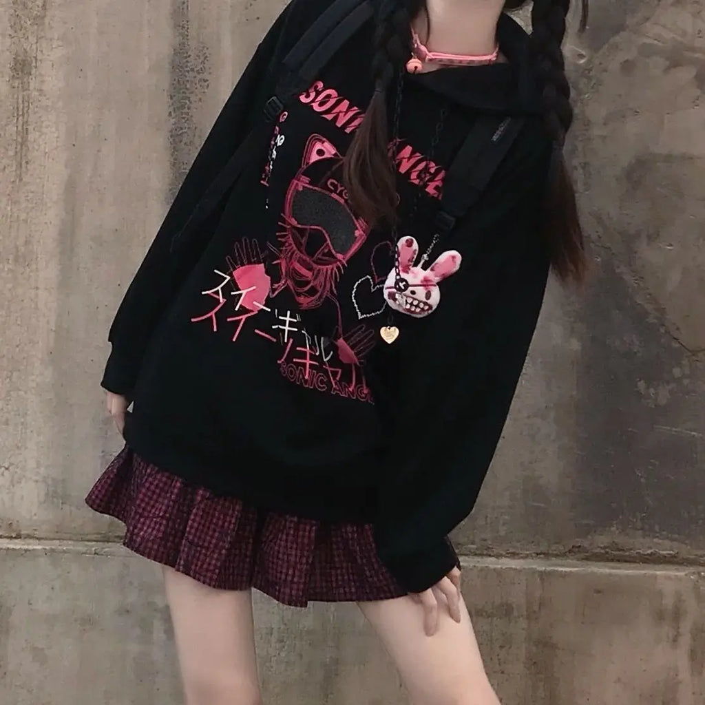 Harajuku Anime Hoodies Alt Kawaii Girls Fake Two Piece Top Striped Long Sleeve Y2K Pullover BF Korean Japanese Sweatshirt Teens