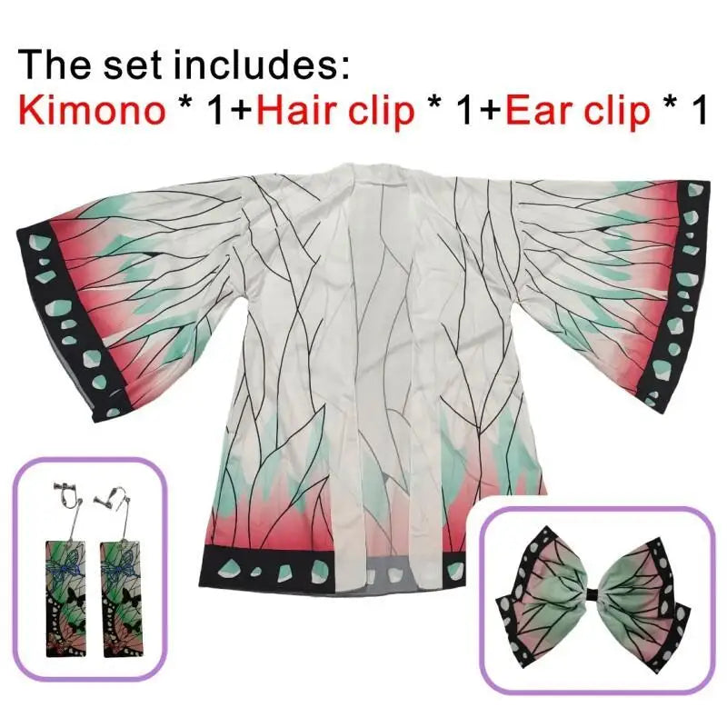 Summer Japanese Anime Shinobu Kocho Cosplay Costume for Women Butterfly Printing Big Sleeve Kimono Cardigan Hair Clip Ear Clip
