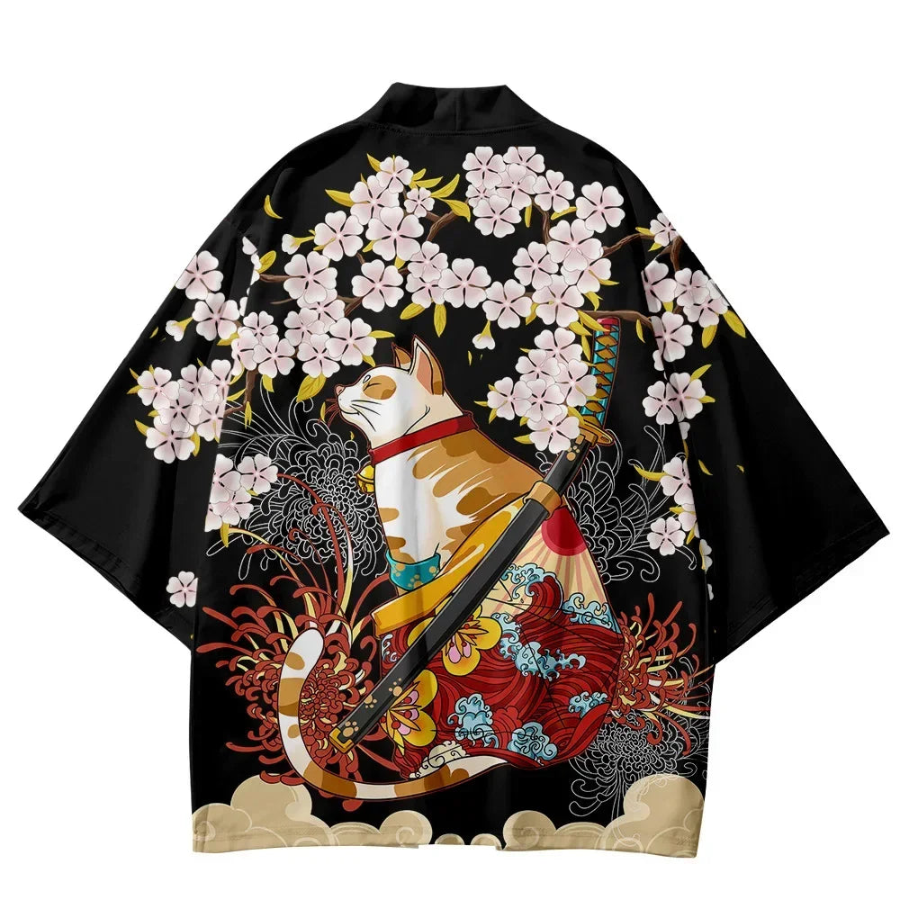 Bebovizi Japanese Style Cat Samurai Kimono Streetwear Men Women Cardigan Japan Harajuku Anime Robe Anime Clothes 2023 Summer