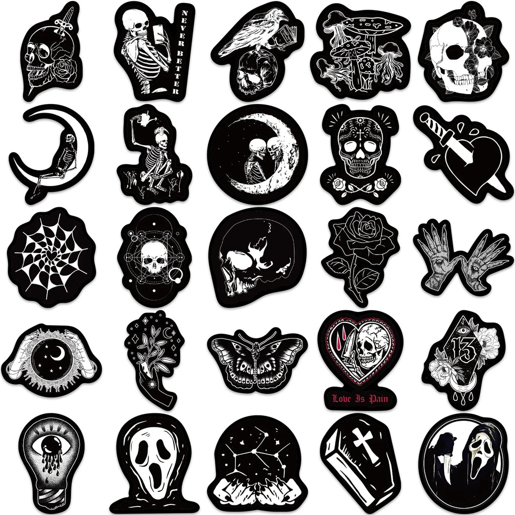 50PCS Black White Gothic Stickers,Goth Skull Stickers,Dark Stickers Waterproof Vinyl Stickers,For Water Bottles Phone