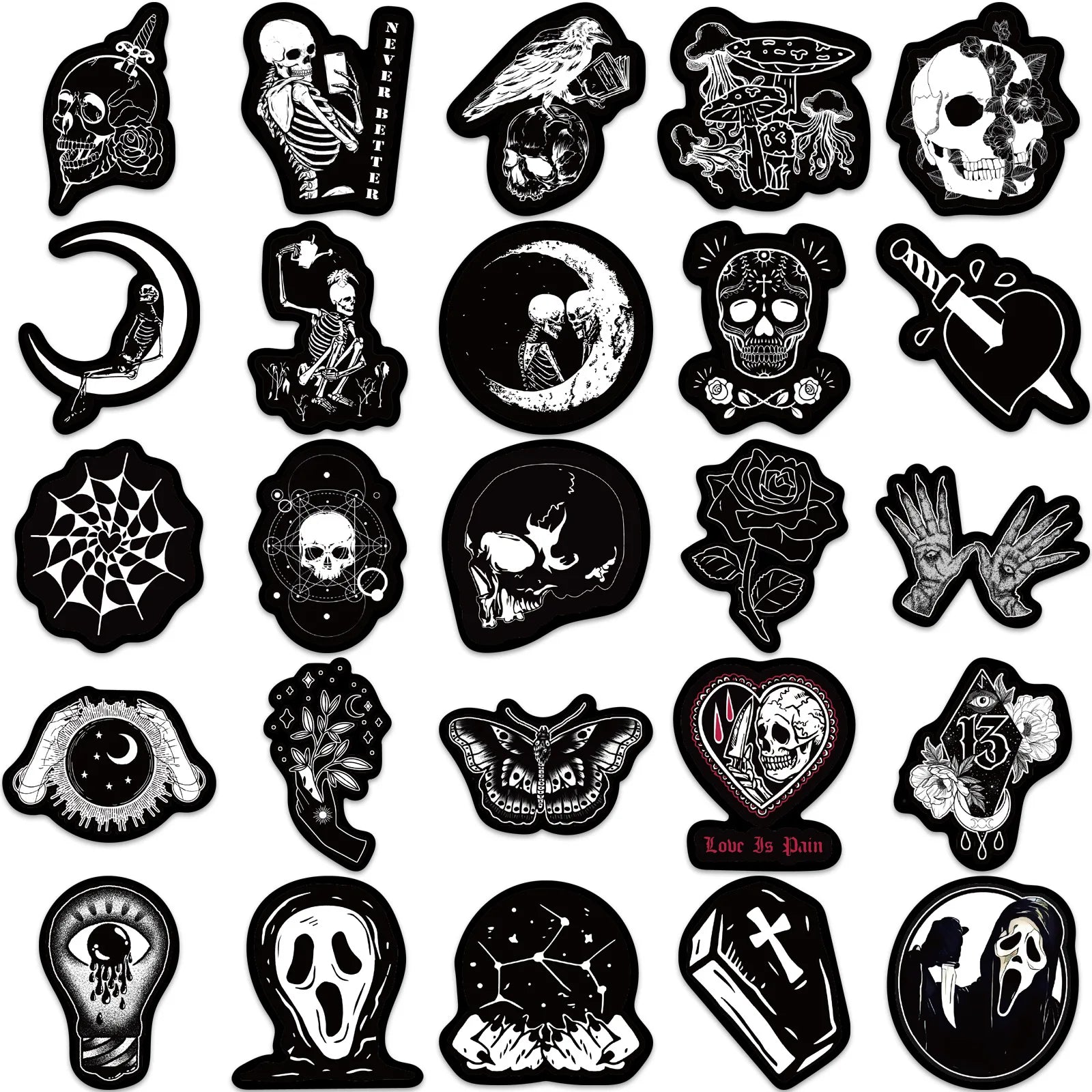 50PCS Black White Gothic Stickers,Goth Skull Stickers,Dark Stickers Waterproof Vinyl Stickers,For Water Bottles Phone