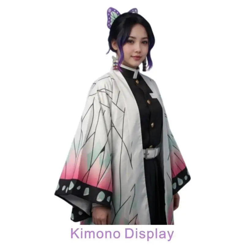 Summer Japanese Anime Shinobu Kocho Cosplay Costume for Women Butterfly Printing Big Sleeve Kimono Cardigan Hair Clip Ear Clip