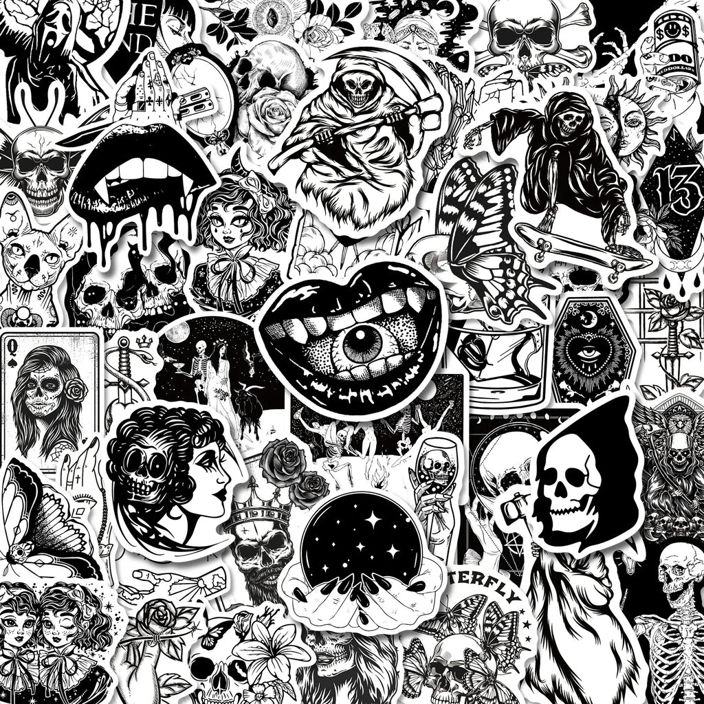 Gothic Stickers, 50 Pcs Skull Vinyl Sticker Pack, Waterproof Skeleton Stickers for Laptops, Water Bottles, Phone Case