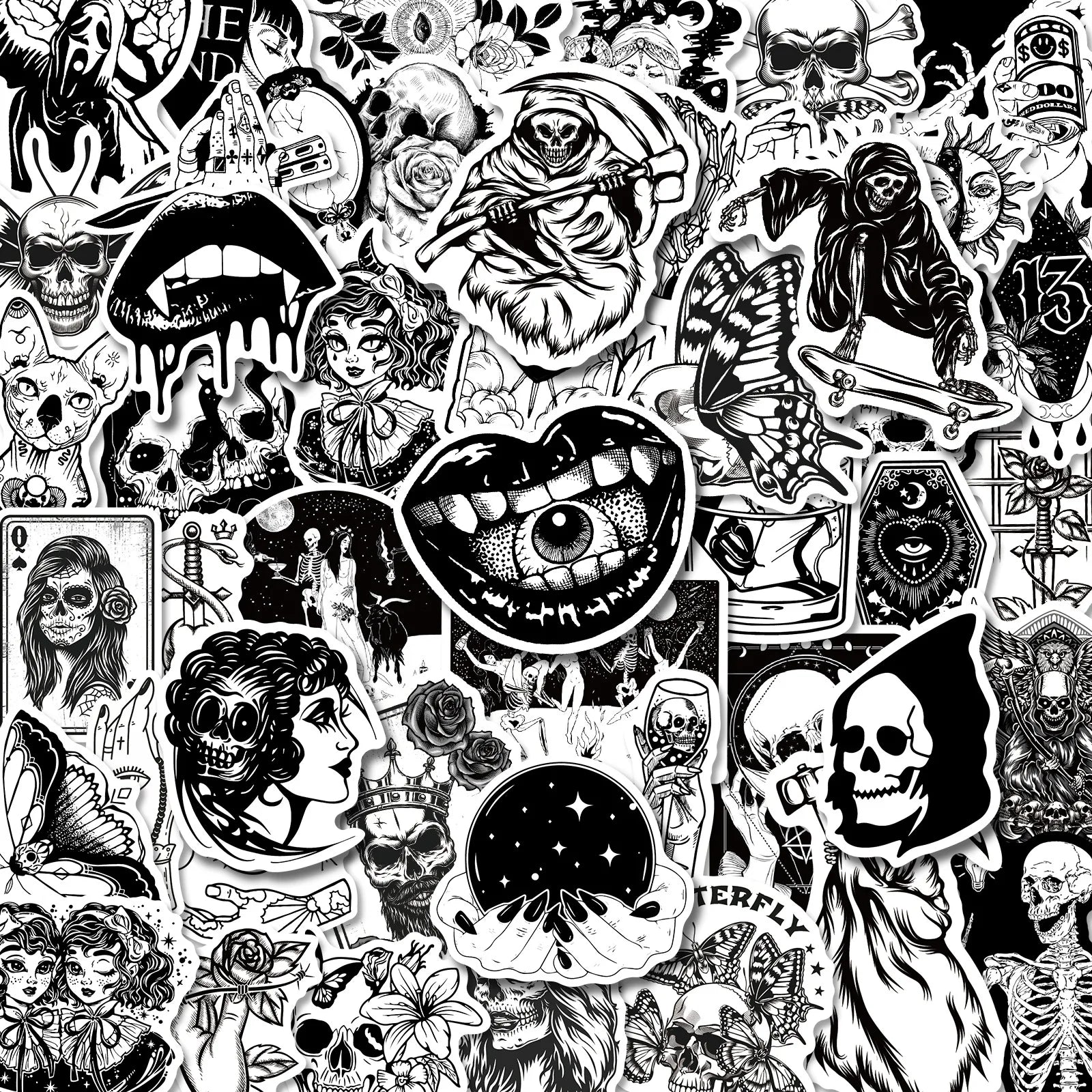 Gothic Stickers, 50 Pcs Skull Vinyl Sticker Pack, Waterproof Skeleton Stickers for Laptops, Water Bottles, Phone Case