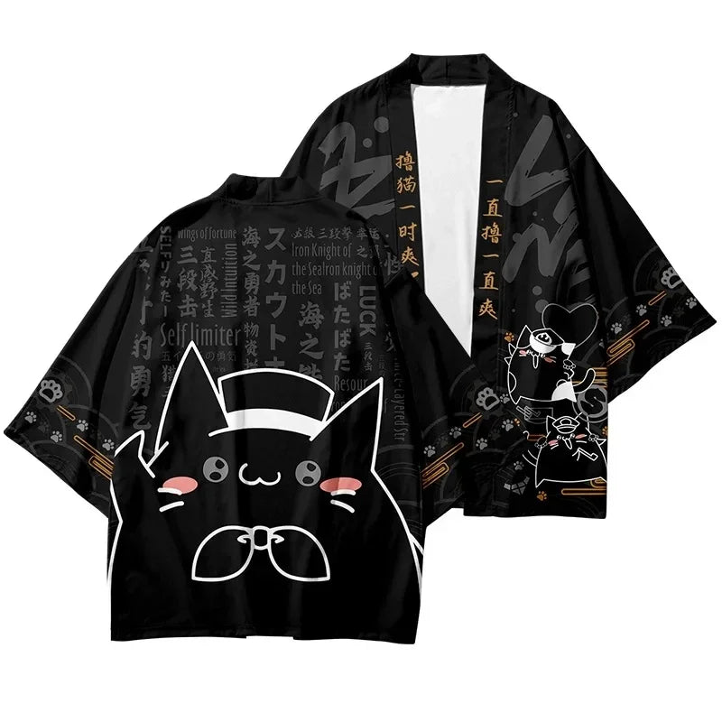 Bebovizi Japanese Style Cat Samurai Kimono Streetwear Men Women Cardigan Japan Harajuku Anime Robe Anime Clothes 2023 Summer