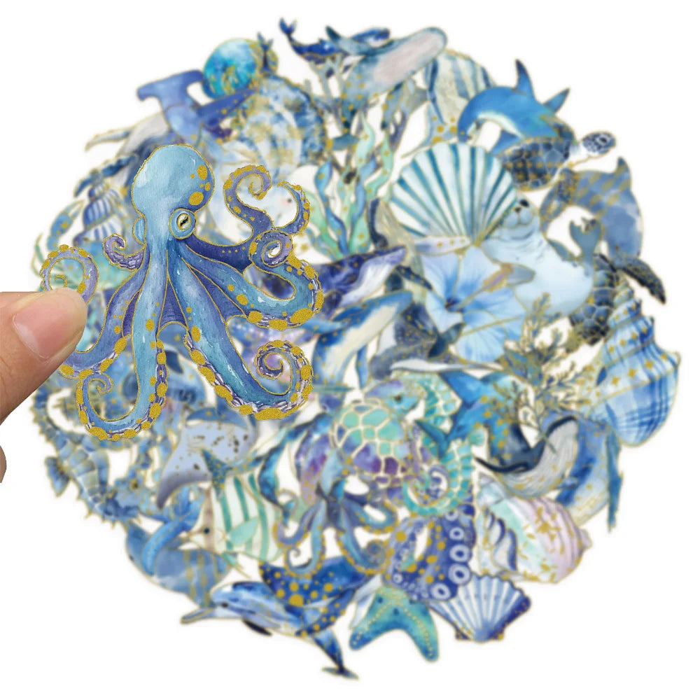 50PCS Golden Marine Life Cartoon Creative Stickers DIY Handmade Materials Phone Case Laptop Luggage Stickers