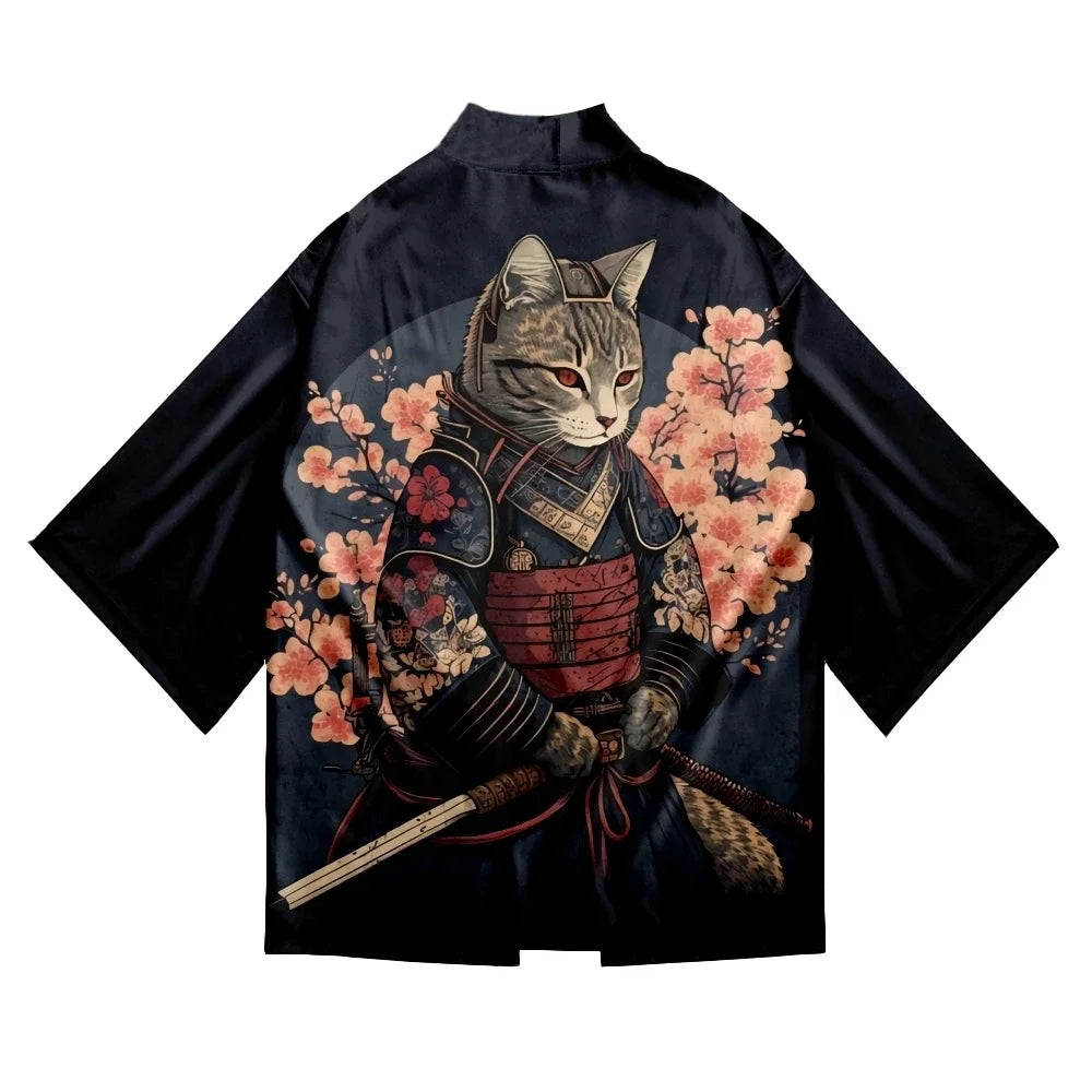 Bebovizi Japanese Style Cat Samurai Kimono Streetwear Men Women Cardigan Japan Harajuku Anime Robe Anime Clothes 2023 Summer