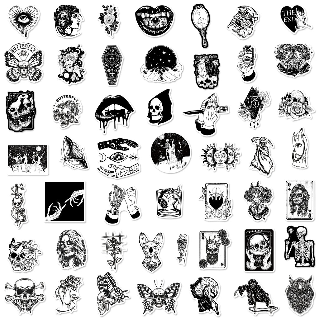 Gothic Stickers, 50 Pcs Skull Vinyl Sticker Pack, Waterproof Skeleton Stickers for Laptops, Water Bottles, Phone Case