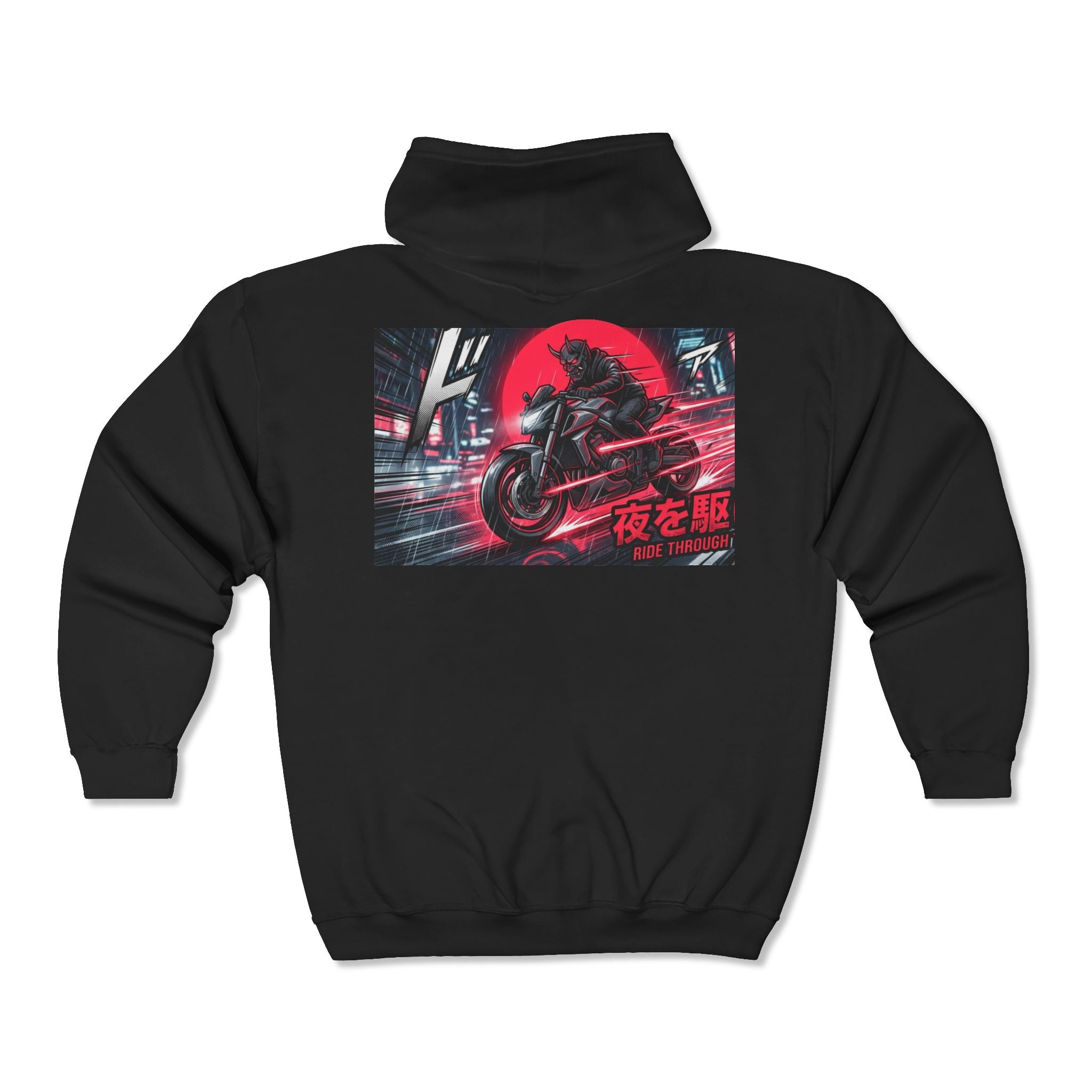 Midnight Run Motorcycle Zip Hoodie — Japanese Night Rider Graphic