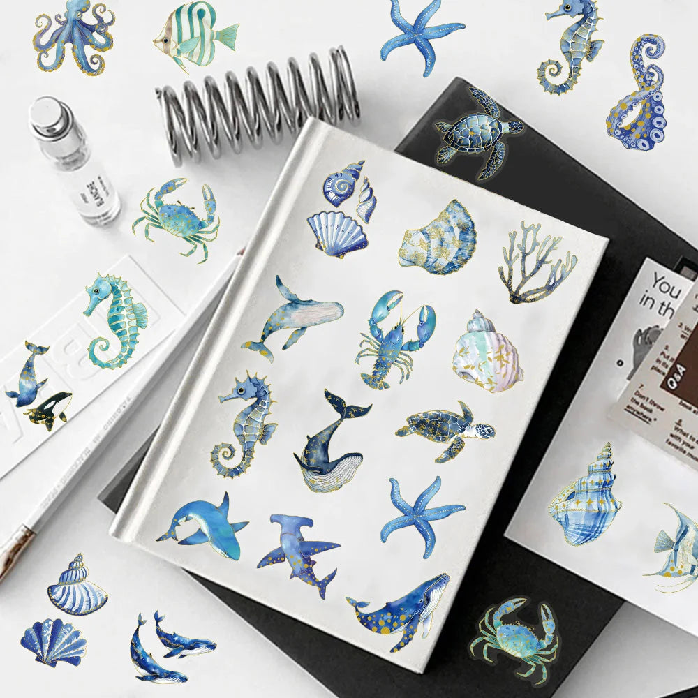 50PCS Golden Marine Life Cartoon Creative Stickers DIY Handmade Materials Phone Case Laptop Luggage Stickers