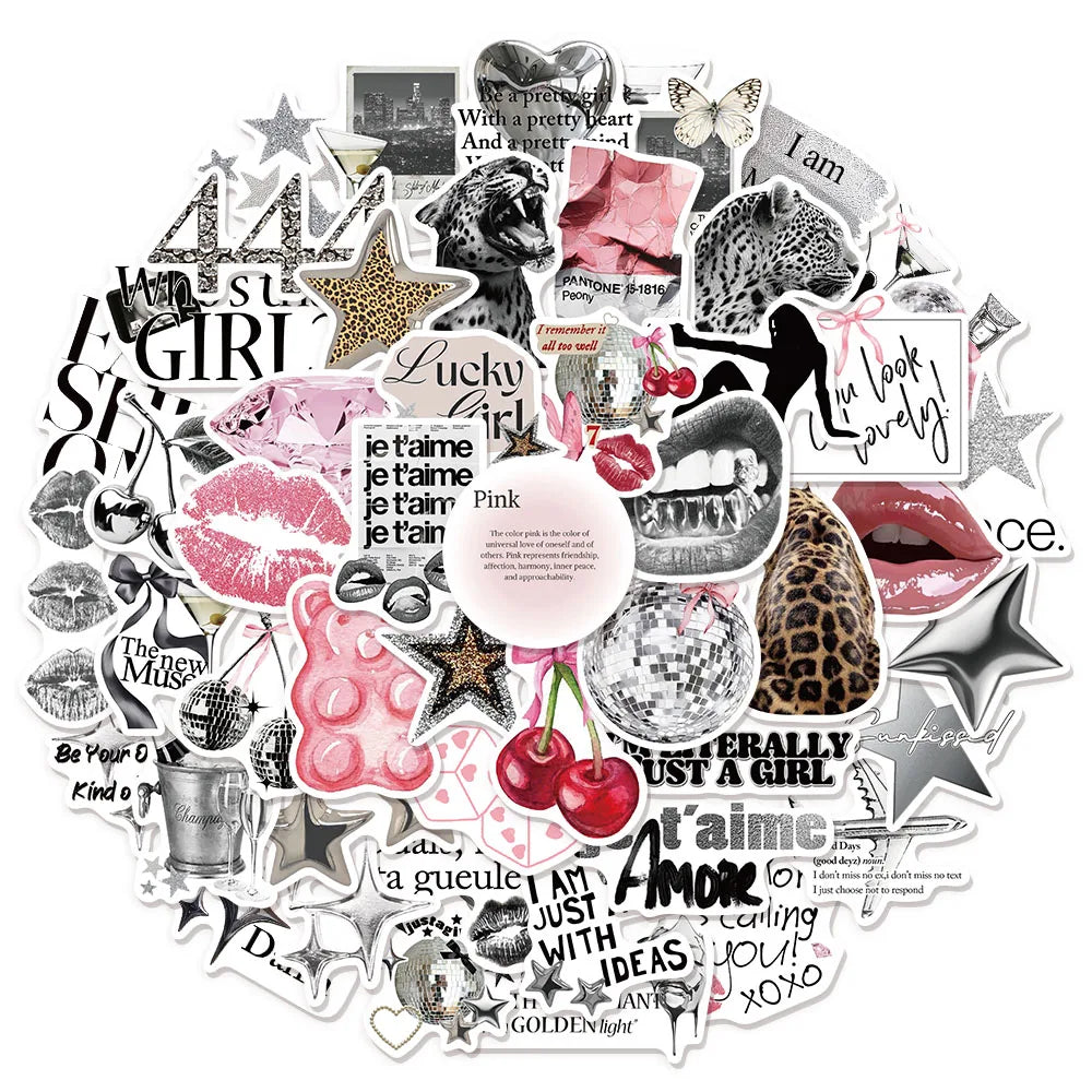 50PCS Silver Lucky Aesthetic Creative Graffiti Stickers DIY Manual Scrapbook Notebook Tablet Stickers