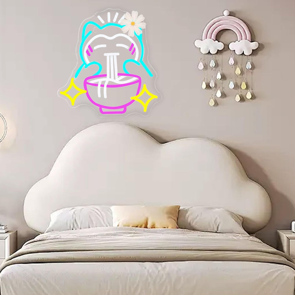 Ramen Neon Sign Cute Bear Noodles Neon Sign for Wall Decor LED Dimmable Japanese Wall Decor Neon Light USB Poweredfor Gaming Rooms, Restaurants, Bars & Kids Bedrooms, Creative Gift with Safe Indoor(13.7Inx12.5In) (Blue)