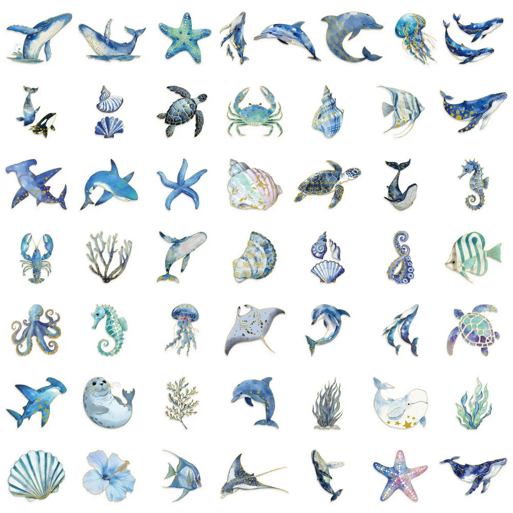 50PCS Golden Marine Life Cartoon Creative Stickers DIY Handmade Materials Phone Case Laptop Luggage Stickers