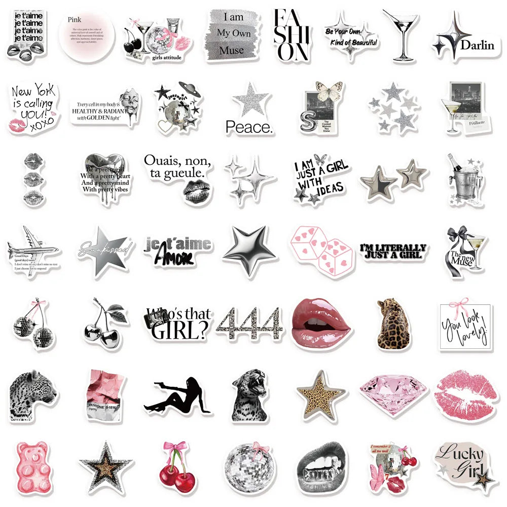 50PCS Silver Lucky Aesthetic Creative Graffiti Stickers DIY Manual Scrapbook Notebook Tablet Stickers