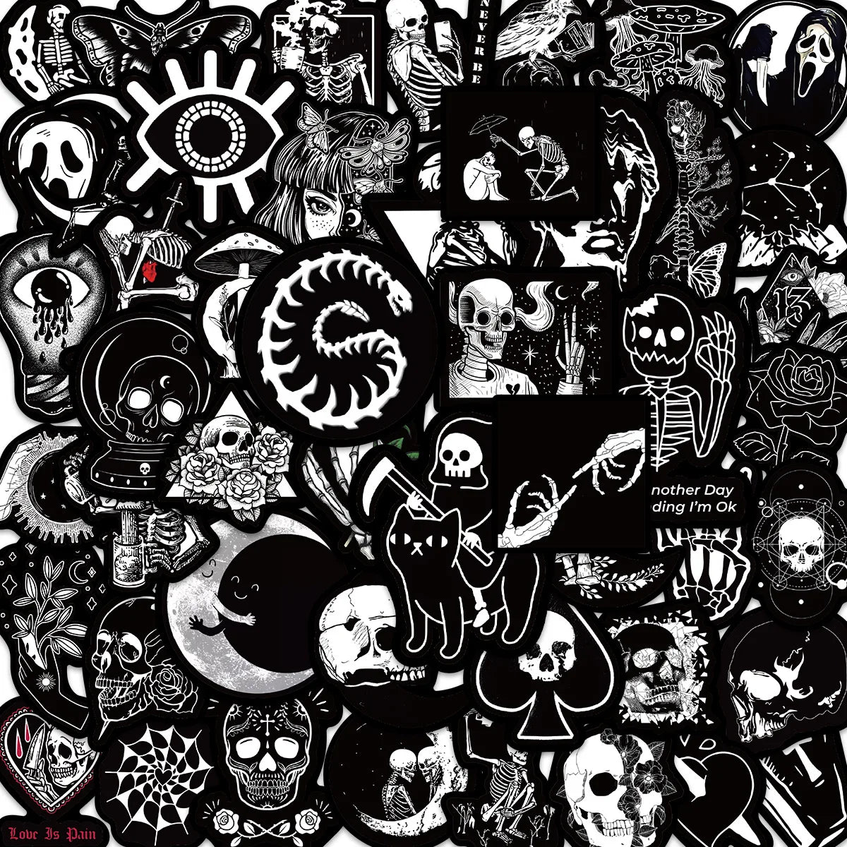 50PCS Black White Gothic Stickers,Goth Skull Stickers,Dark Stickers Waterproof Vinyl Stickers,For Water Bottles Phone