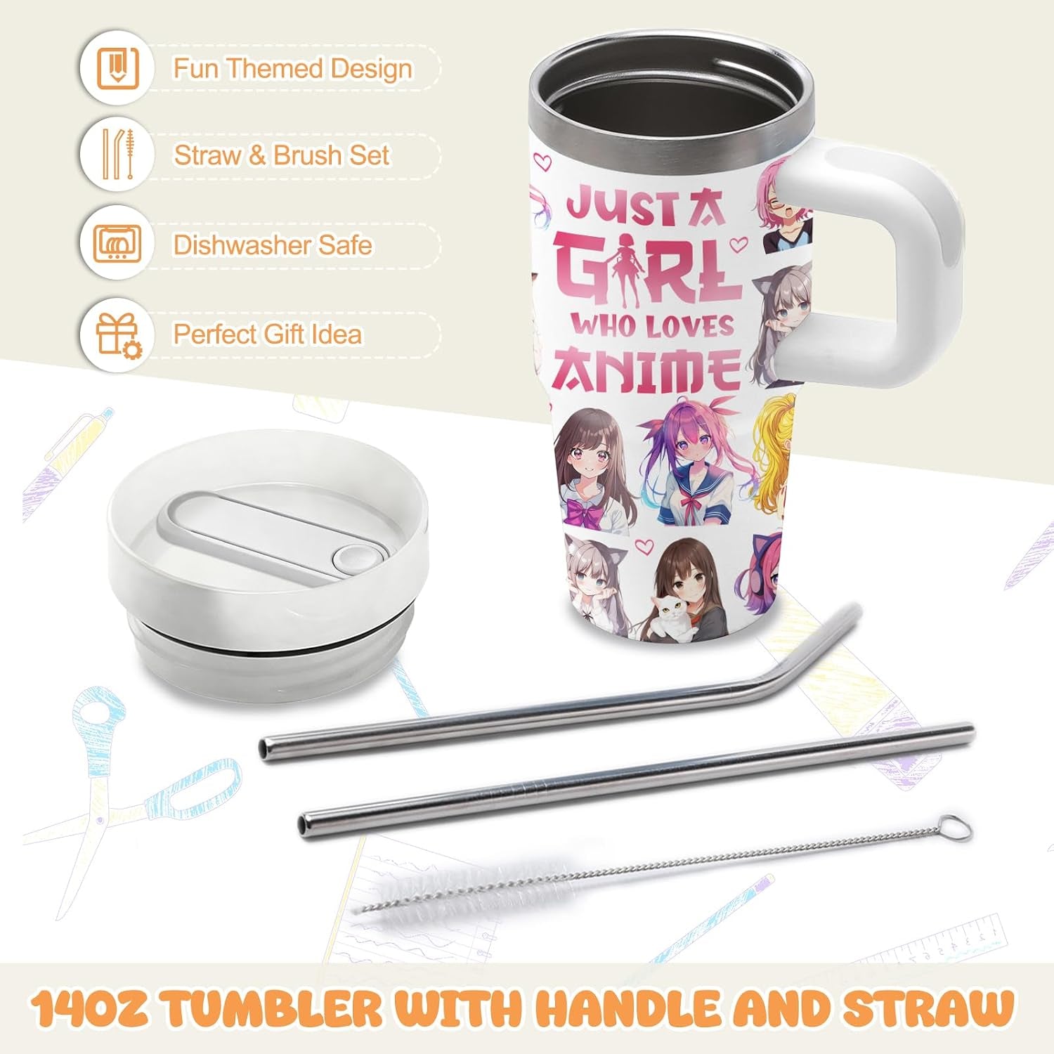 Anime Gifts for Women Girls, 14Oz Tumbler with Handle and Straw Just a Girl Who Loves Anime, Stainless Steel Insulated Cartoon Mug Cup, Birthday Gifts for Girl Kids Fans