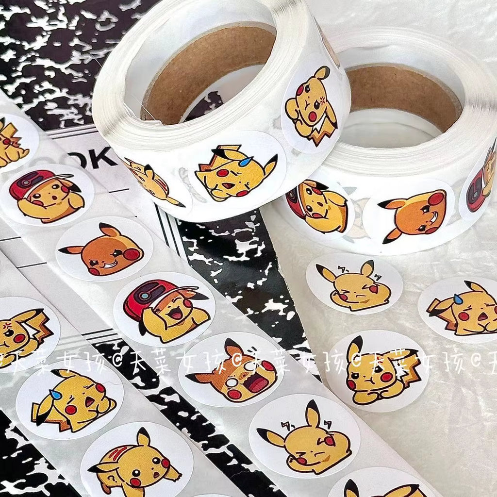 500PCS Anime Cute Pokemon Pikachu Stickers Kawaii Charizard round Seal Stickers Rolls Stickers Graffiti Luggage Stickers Toys