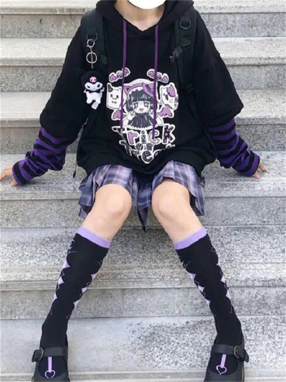 Harajuku Anime Hoodies Alt Kawaii Girls Fake Two Piece Top Striped Long Sleeve Y2K Pullover BF Korean Japanese Sweatshirt Teens