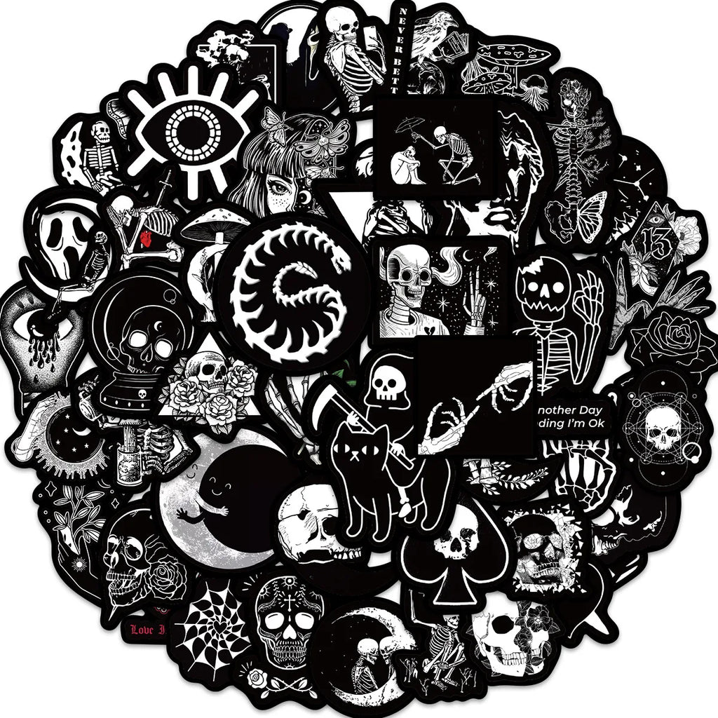 50PCS Black White Gothic Stickers,Goth Skull Stickers,Dark Stickers Waterproof Vinyl Stickers,For Water Bottles Phone