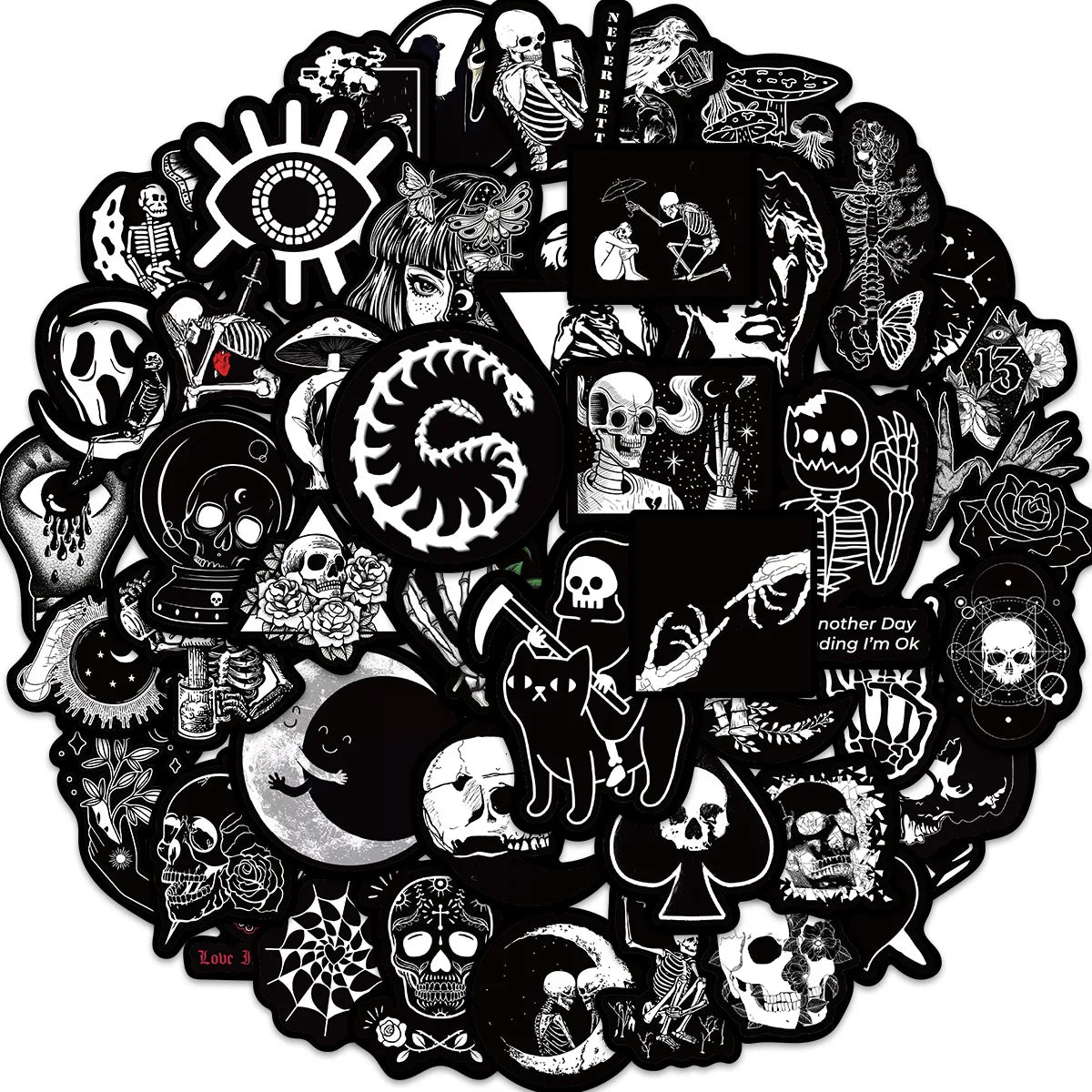 50PCS Black White Gothic Stickers,Goth Skull Stickers,Dark Stickers Waterproof Vinyl Stickers,For Water Bottles Phone
