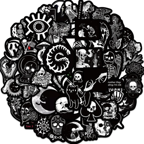 50PCS Black White Gothic Stickers,Goth Skull Stickers,Dark Stickers Waterproof Vinyl Stickers,For Water Bottles Phone