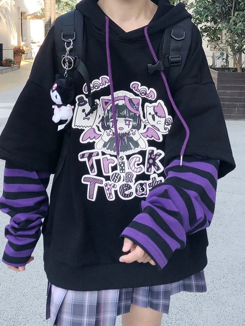 Harajuku Anime Hoodies Alt Kawaii Girls Fake Two Piece Top Striped Long Sleeve Y2K Pullover BF Korean Japanese Sweatshirt Teens