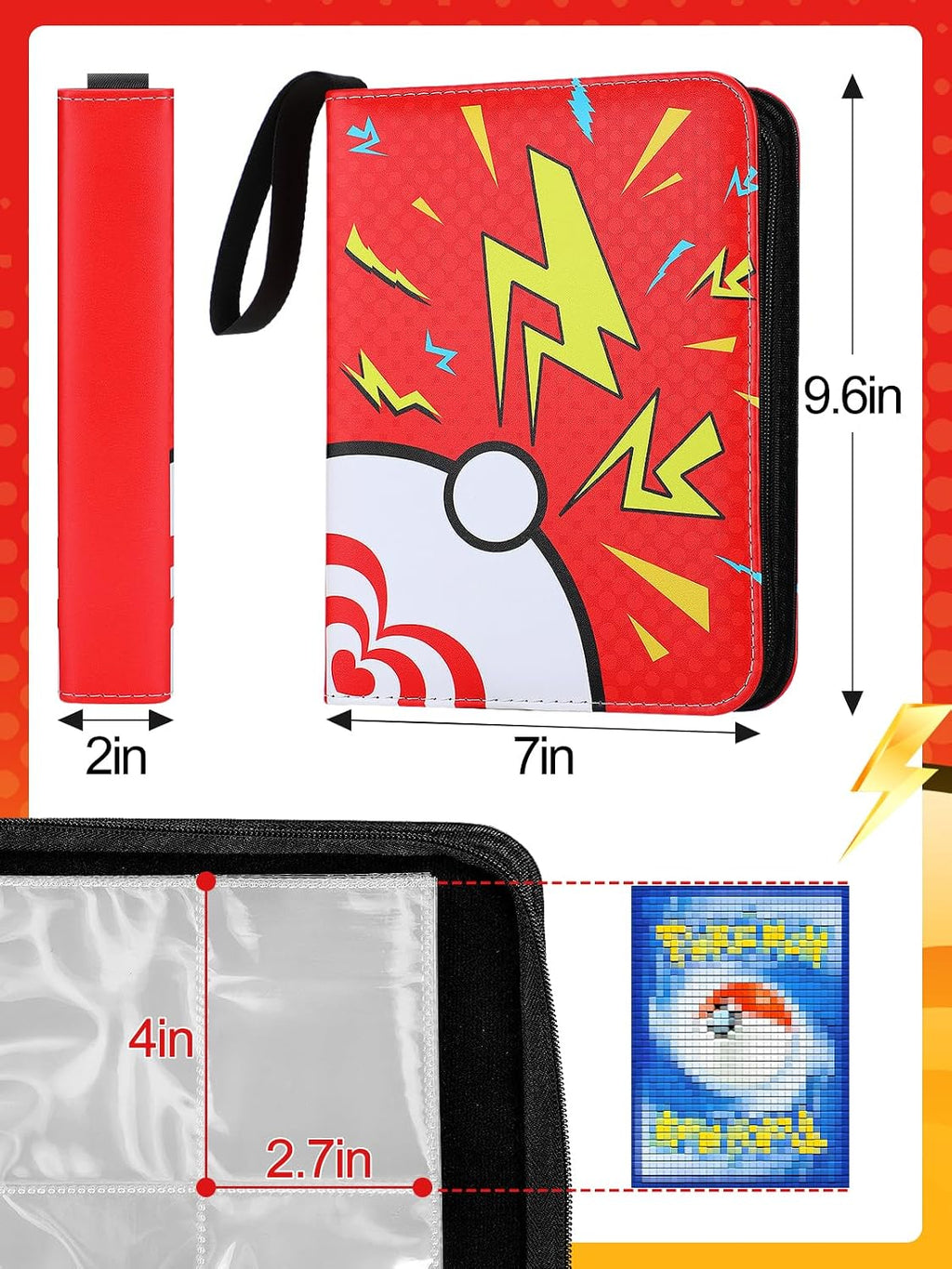 Small Portable Card Storage Binder Fits 400 Cards - 4 Pockets Zipper Card Albums for Trading, Card Holder with Removable Sleeves for Boys Gift, Red