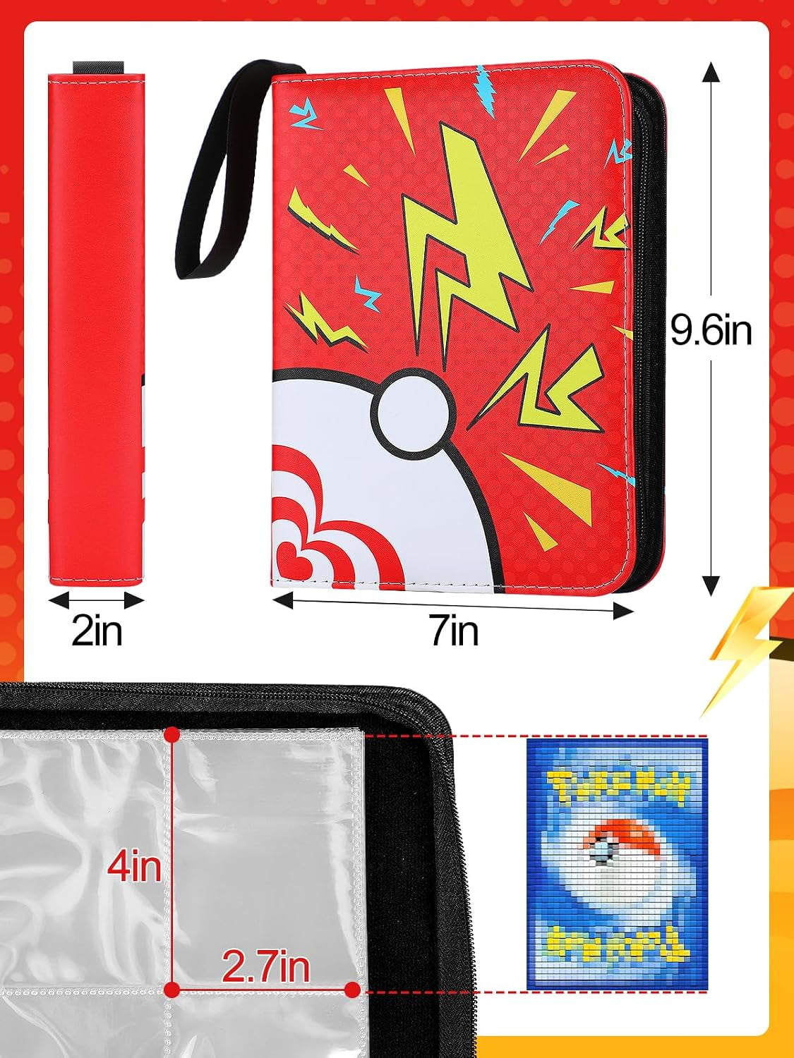 Small Portable Card Storage Binder Fits 400 Cards - 4 Pockets Zipper Card Albums for Trading, Card Holder with Removable Sleeves for Boys Gift, Red