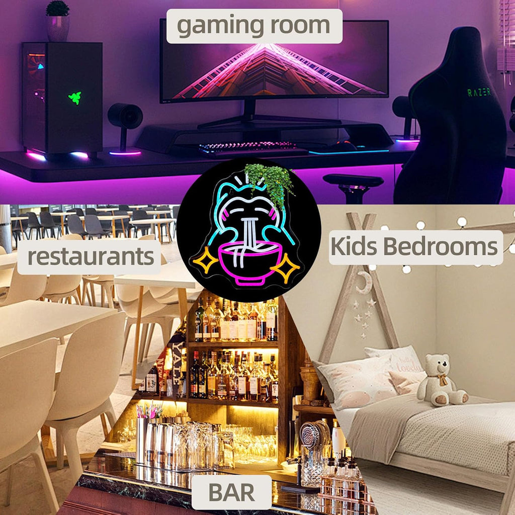 Ramen Neon Sign Cute Bear Noodles Neon Sign for Wall Decor LED Dimmable Japanese Wall Decor Neon Light USB Poweredfor Gaming Rooms, Restaurants, Bars & Kids Bedrooms, Creative Gift with Safe Indoor(13.7Inx12.5In) (Blue)