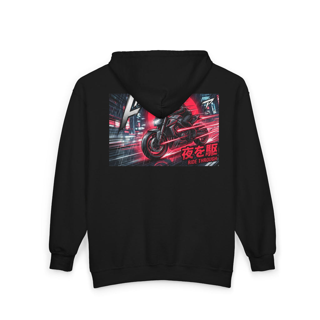Midnight Run Motorcycle Zip Hoodie — Japanese Night Rider Graphic