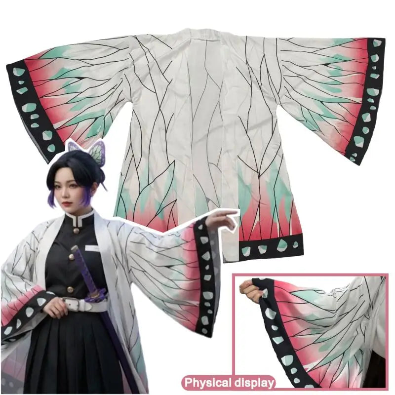 Summer Japanese Anime Shinobu Kocho Cosplay Costume for Women Butterfly Printing Big Sleeve Kimono Cardigan Hair Clip Ear Clip