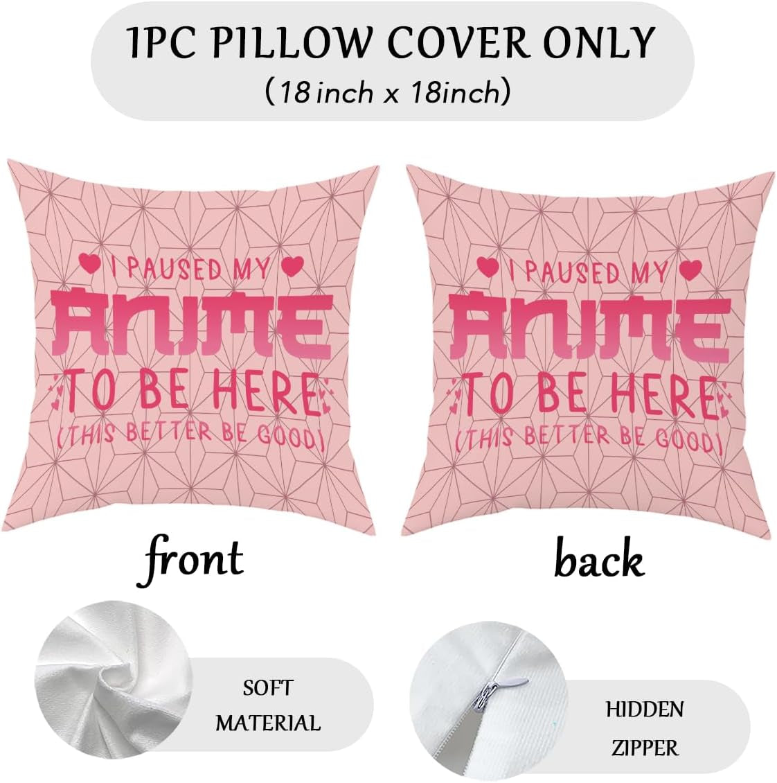 Anime Decor, I Paused My Anime to Be Here Anime Room Decorative Throw Pillow Covers, Girls Anime Gifts Anime Lovers for Home Living Room Girl Women Bedroom Decoration Gifts Pink