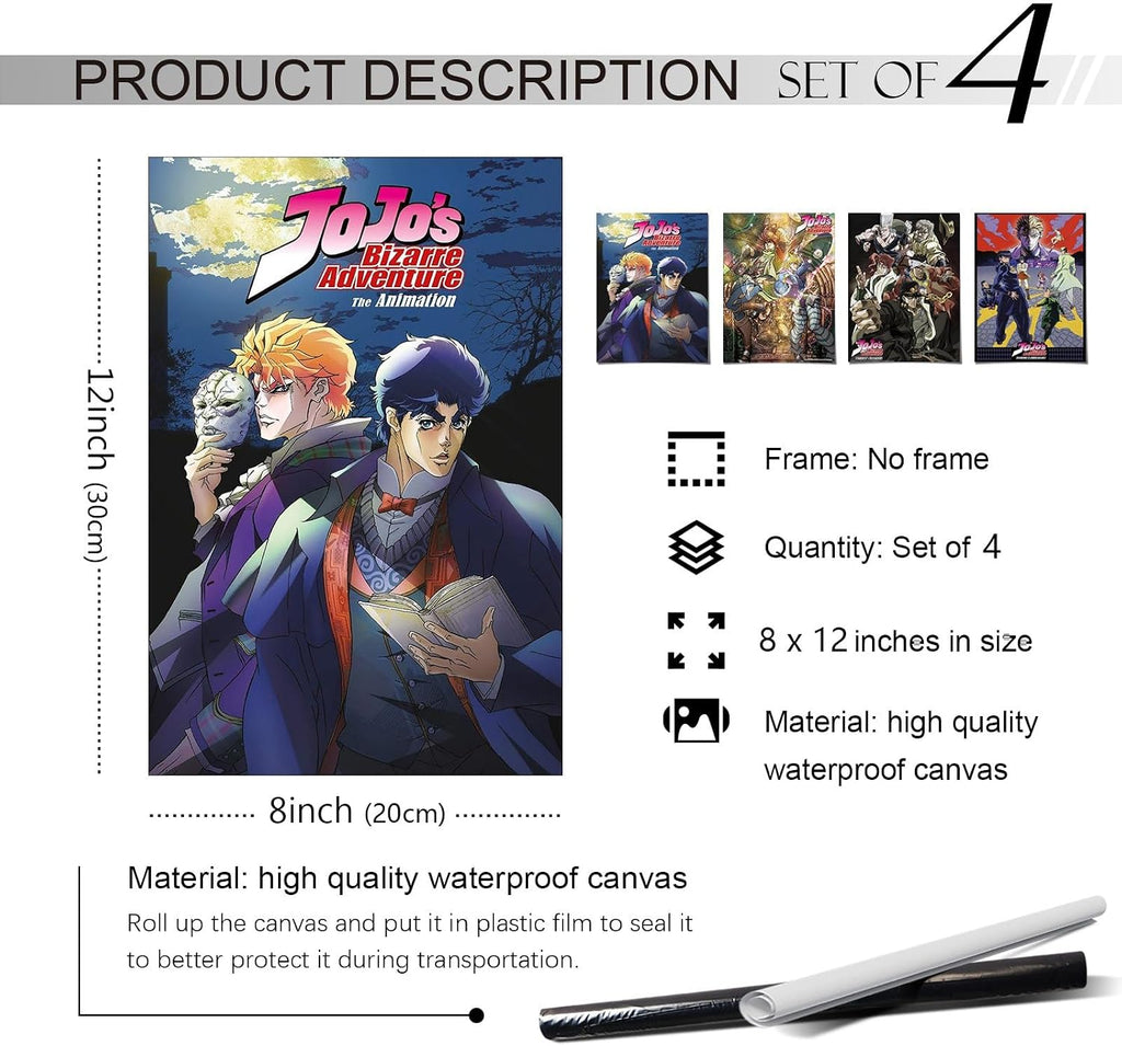 4PC Jojo'S Bizarre Adventure Poster for Fans Kids Room Bedroom Wall Decor-Jojo'S Bizarre Adventure Anime Posters Canvas Prints Picture for Teen Boy Girls Gifts