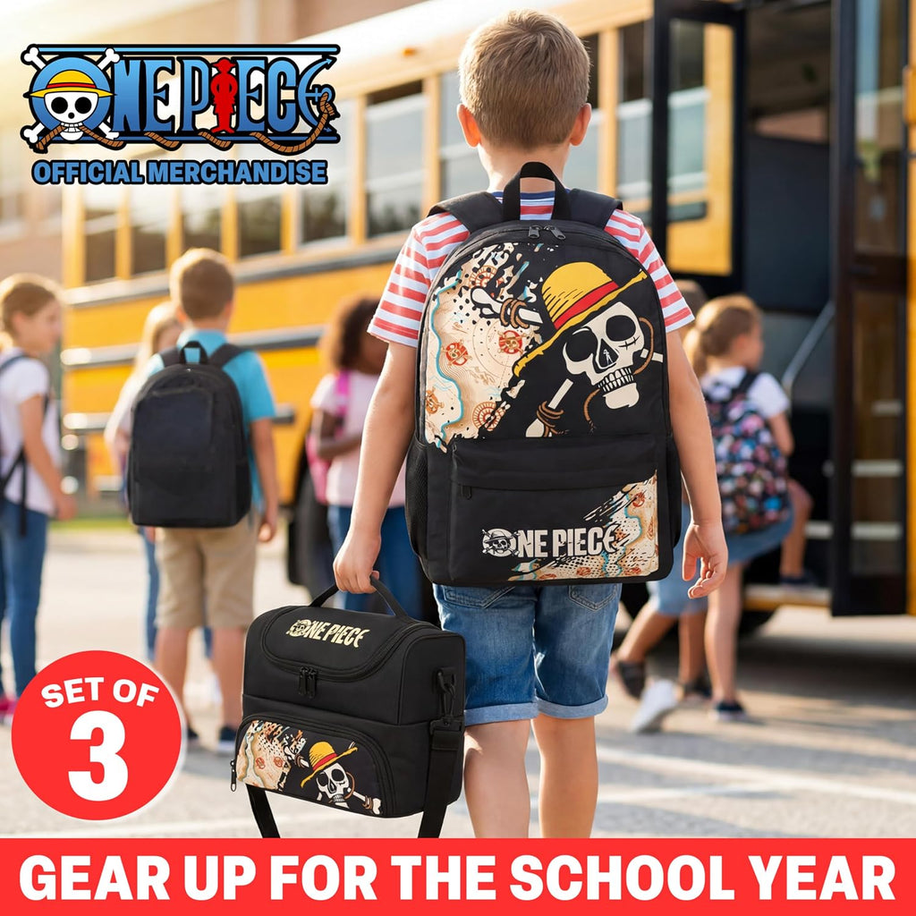 One Piece Boys Backpack, Lunch Bag & Pencil Case, 3 Piece Set | 18In Bookbag, Adjustable Padded Straps, Lightweight Insulated Lunch Bag, Pencil Pouch, School Supplies, Anime Gifts for Boys