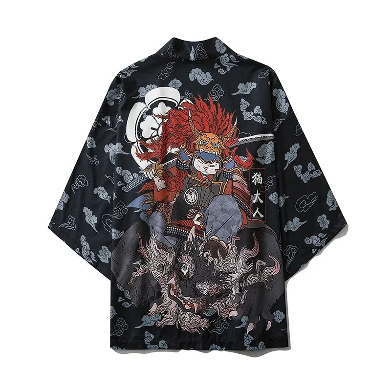 Bebovizi Japanese Style Cat Samurai Kimono Streetwear Men Women Cardigan Japan Harajuku Anime Robe Anime Clothes 2023 Summer