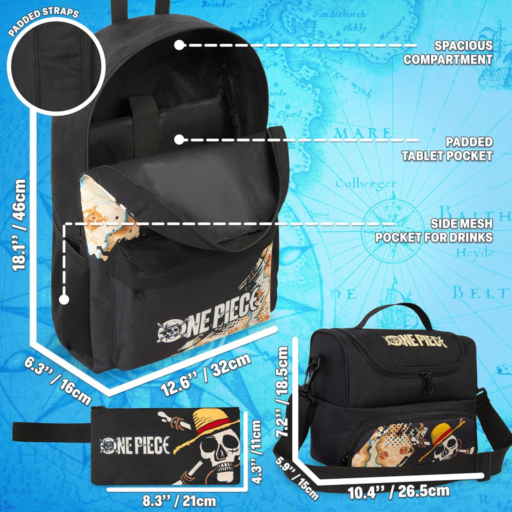 One Piece Boys Backpack, Lunch Bag & Pencil Case, 3 Piece Set | 18In Bookbag, Adjustable Padded Straps, Lightweight Insulated Lunch Bag, Pencil Pouch, School Supplies, Anime Gifts for Boys