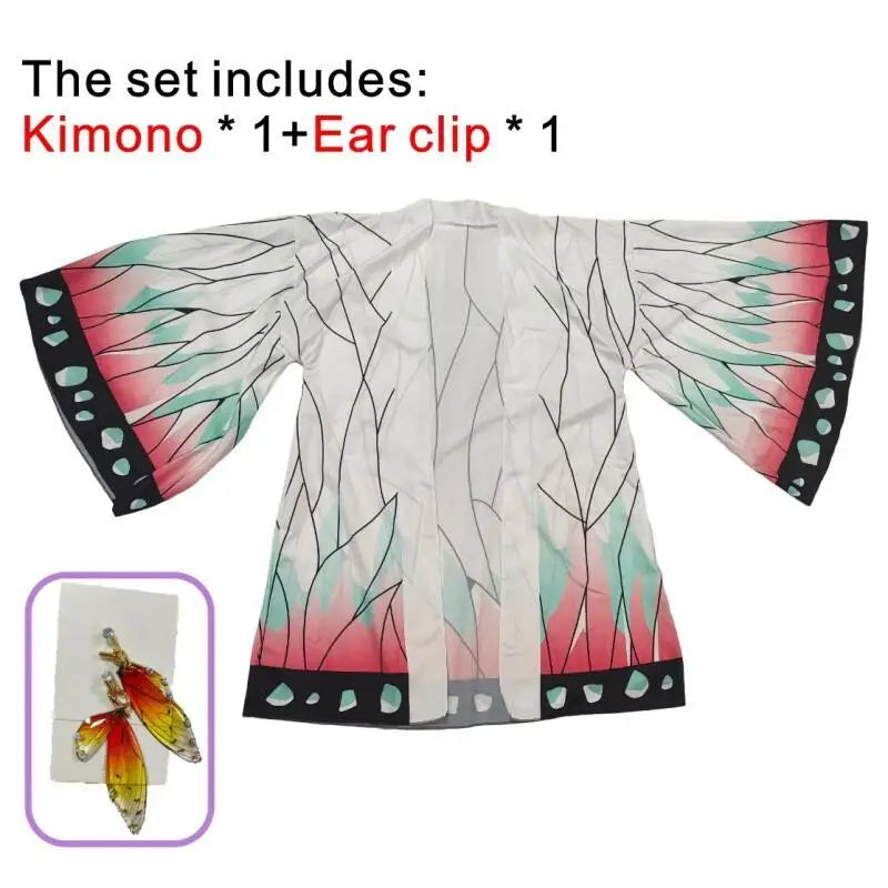 Summer Japanese Anime Shinobu Kocho Cosplay Costume for Women Butterfly Printing Big Sleeve Kimono Cardigan Hair Clip Ear Clip