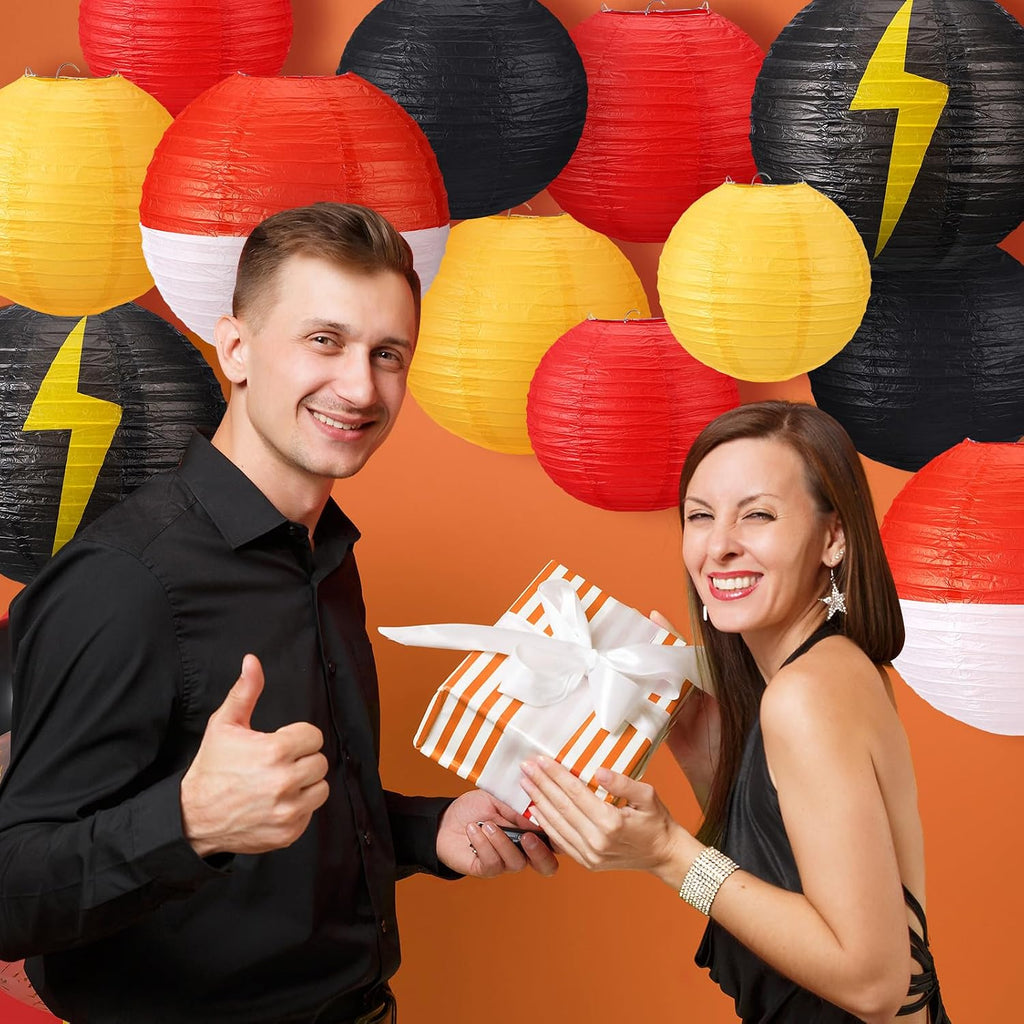 12 Pcs Cartoon Ball Animation Themed Hanging Paper Lanterns Cartoon Game Anime Themed Red Black Yellow and White round Lantern Decorations for Birthday Party Shower Classroom Home Decor