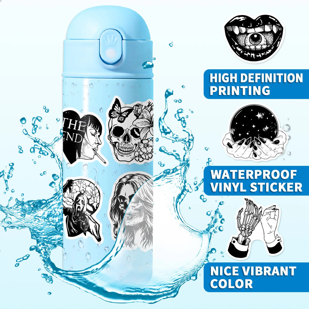 Gothic Stickers, 50 Pcs Skull Vinyl Sticker Pack, Waterproof Skeleton Stickers for Laptops, Water Bottles, Phone Case