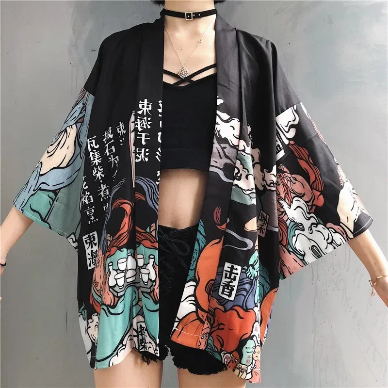 Bebovizi Japanese Style Cat Samurai Kimono Streetwear Men Women Cardigan Japan Harajuku Anime Robe Anime Clothes 2023 Summer