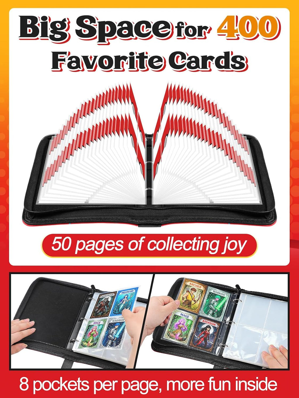 Small Portable Card Storage Binder Fits 400 Cards - 4 Pockets Zipper Card Albums for Trading, Card Holder with Removable Sleeves for Boys Gift, Red