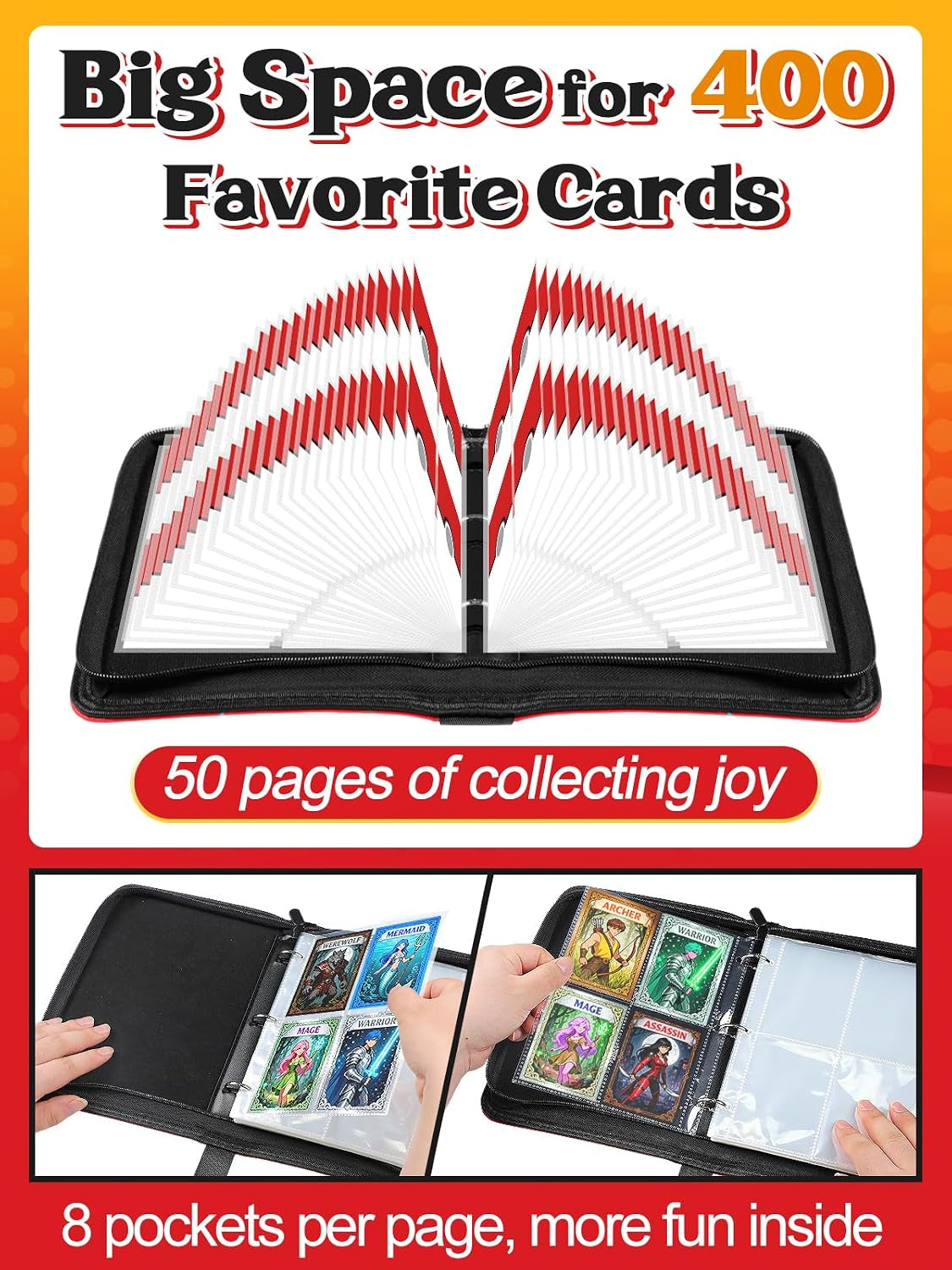 Small Portable Card Storage Binder Fits 400 Cards - 4 Pockets Zipper Card Albums for Trading, Card Holder with Removable Sleeves for Boys Gift, Red
