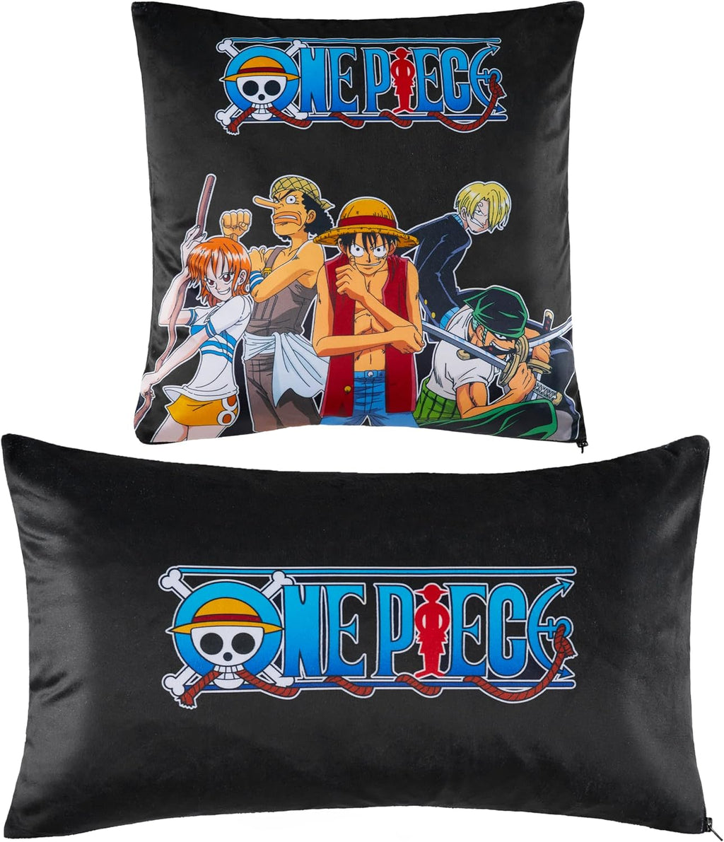 2-Pc Cushion Cover Set, Pillow Covers for Bed, Couch, Rectangular 20X12 In, Square 14 X14 In, Luffy Straw Hat Anime Gifts for Boys