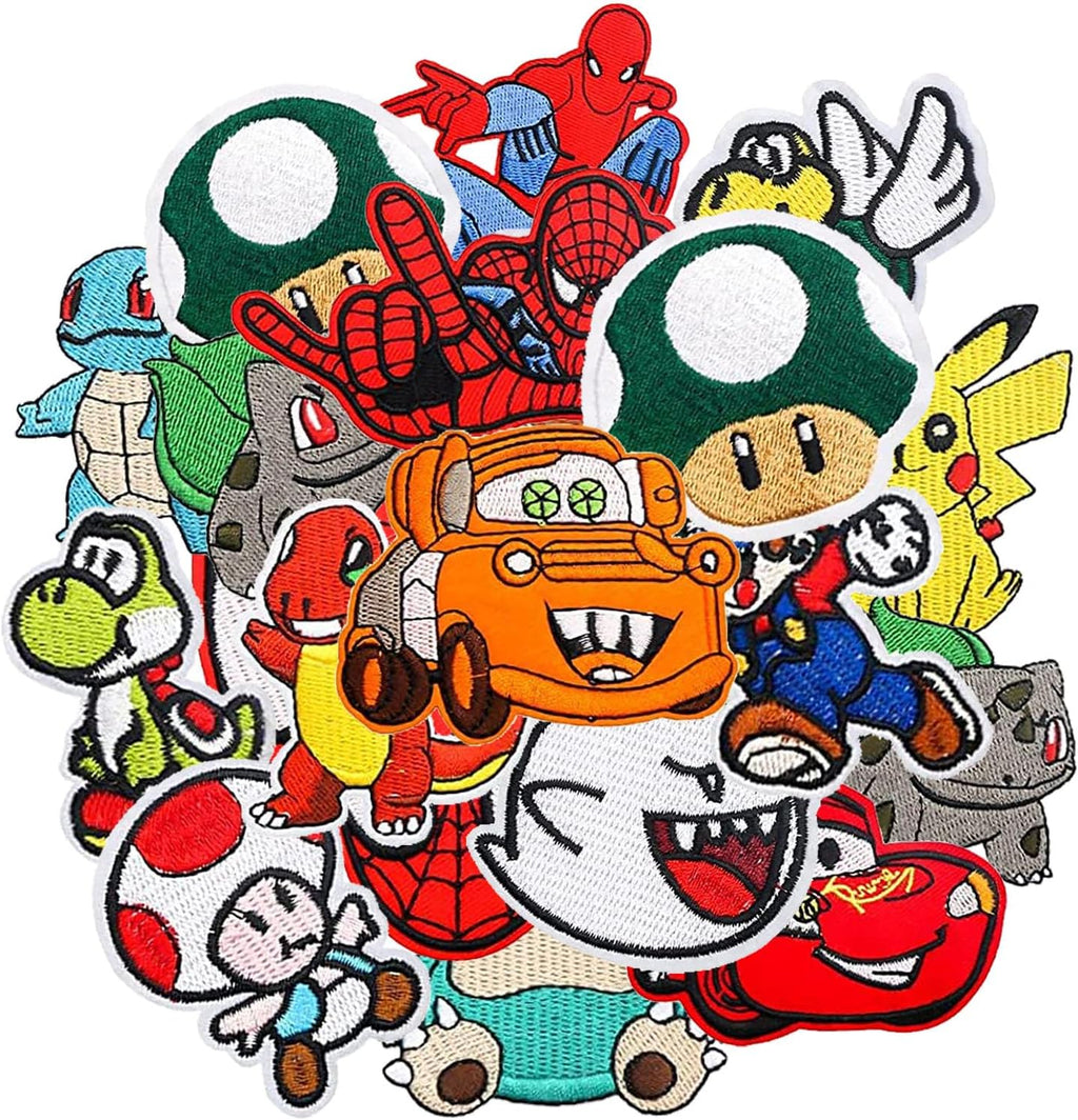 18 Pieces Sew on Iron on Patches, Embroidered Applique Patches Fabric Repair Patch Cute Cartoon Anime Patches for Kids Adult Clothes Jeans Jackets Hats Shoes Backpacks