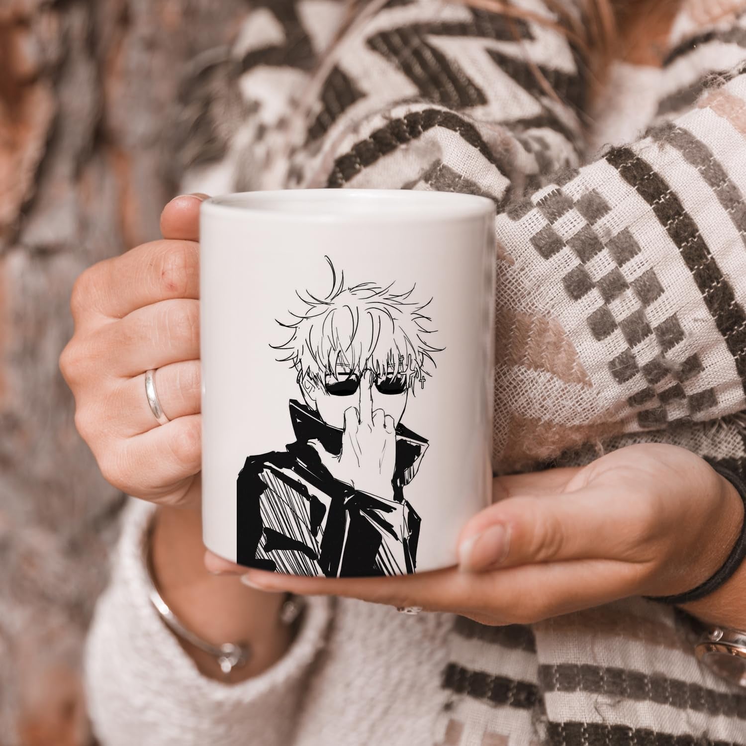 12 Oz Ceramic Mug Anime Cup Gojo Satoru Coffee for Anime Lovers Office Home Manga Gifts Accessories Hot and Cold Drinks Funny Manga Panel Character Design Gift for Him Her (Gojo Finger)