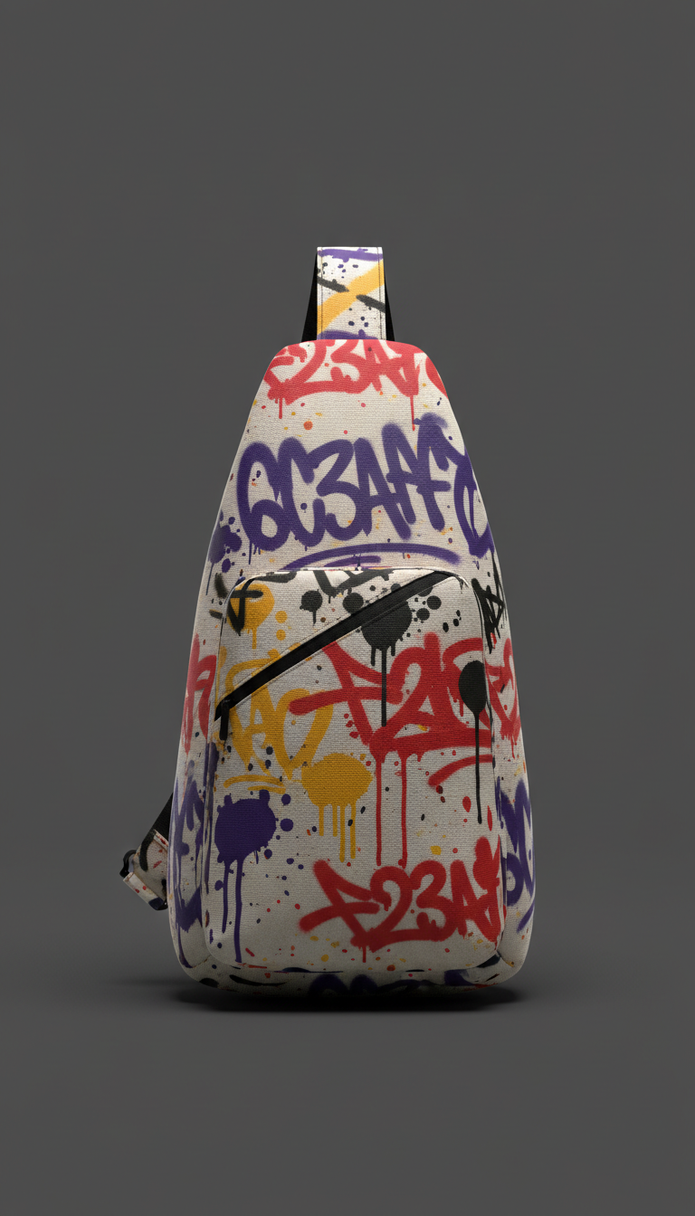 Canvas sling bag graffiti accents
