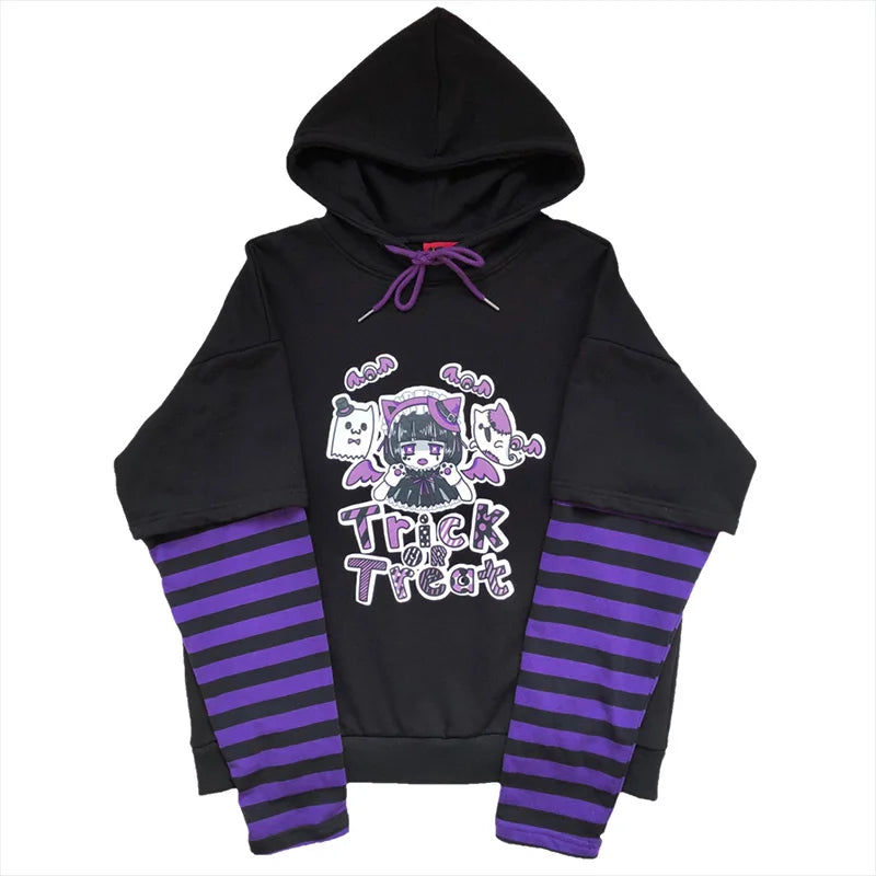 Harajuku Anime Hoodies Alt Kawaii Girls Fake Two Piece Top Striped Long Sleeve Y2K Pullover BF Korean Japanese Sweatshirt Teens