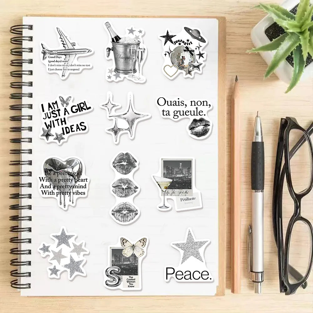 50PCS Silver Lucky Aesthetic Creative Graffiti Stickers DIY Manual Scrapbook Notebook Tablet Stickers