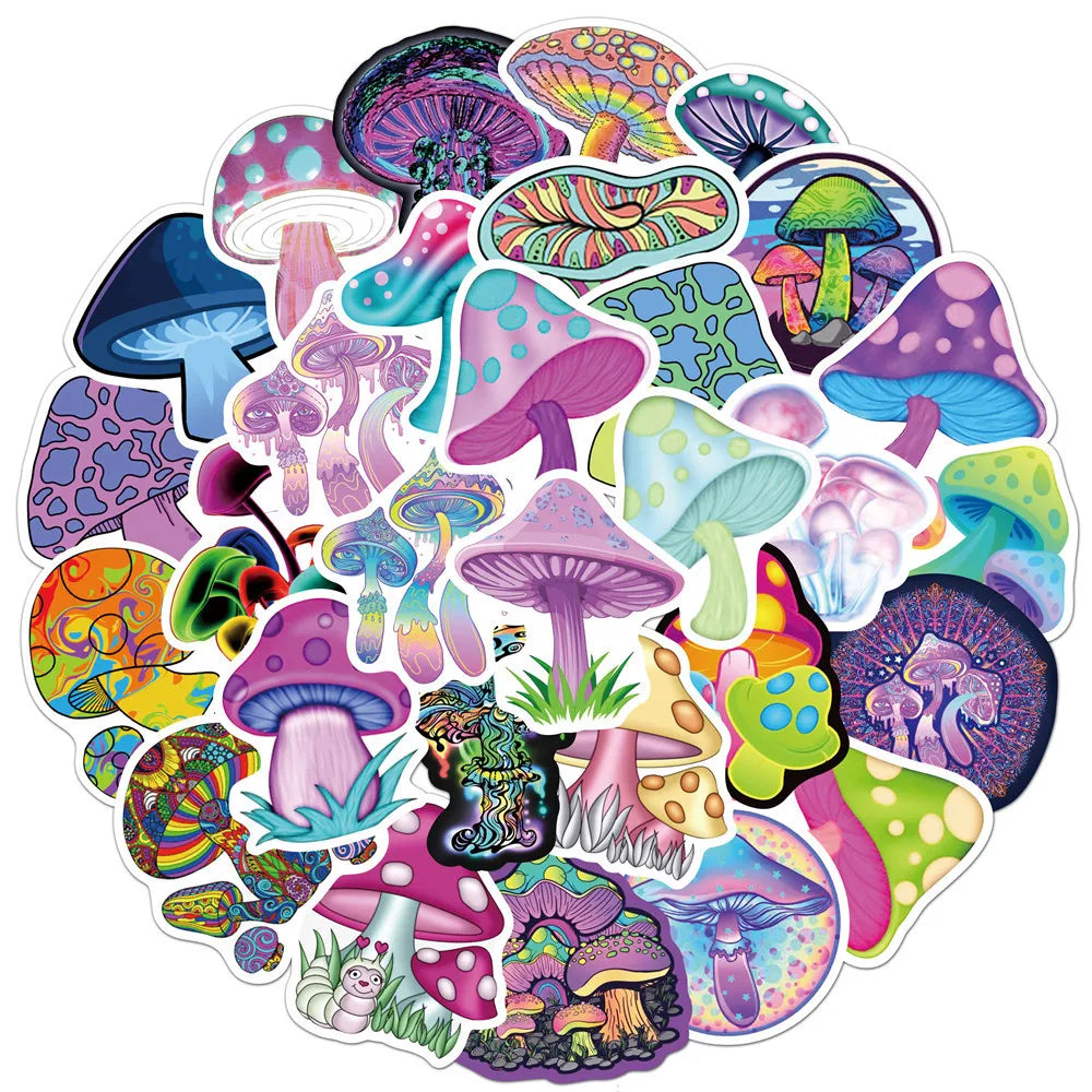 50Pcs Colorful Psychedelic Mushroom Rainbow Stickers Aesthetic Cute Plant Mushroom Stickers for Graffiti Skateboard Laptop Decor