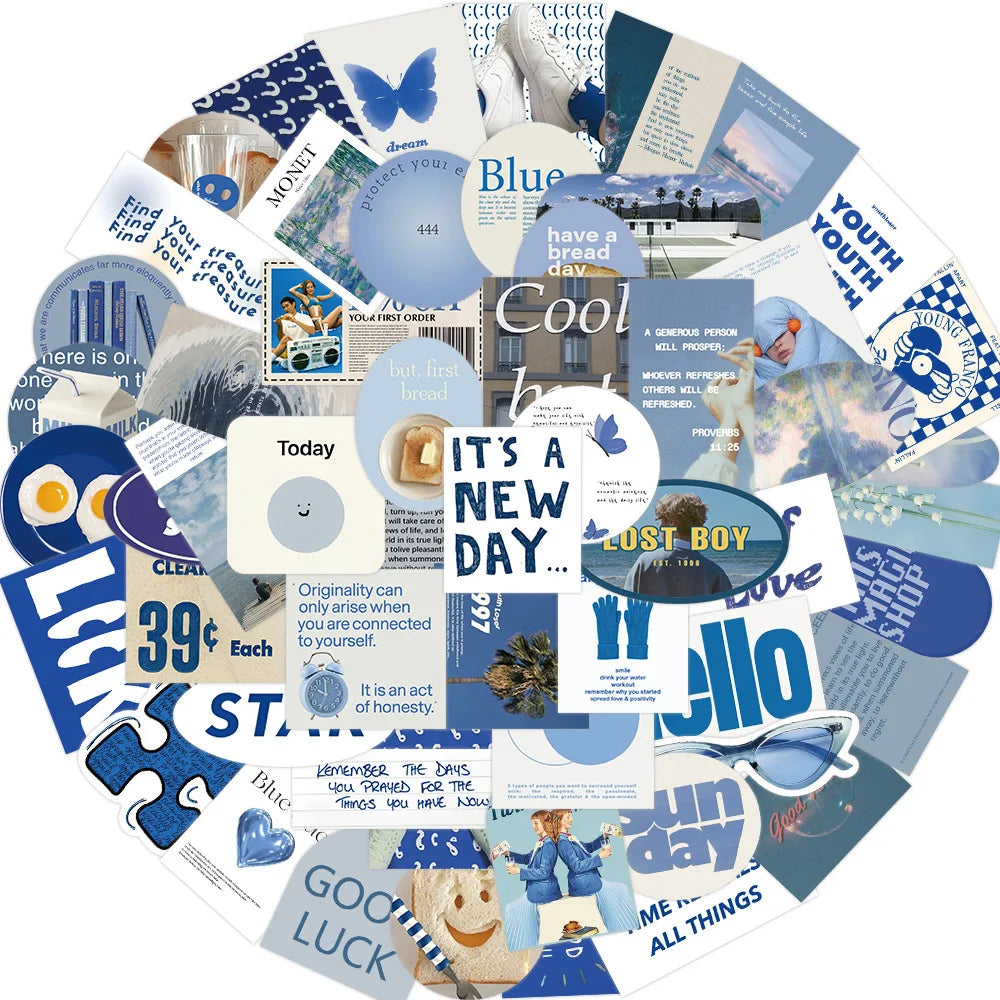 57Pcs Blue Stickers Aesthetic Waterproof Laptop Stickers Decals Water Bottle Laptop Computer Skateboard
